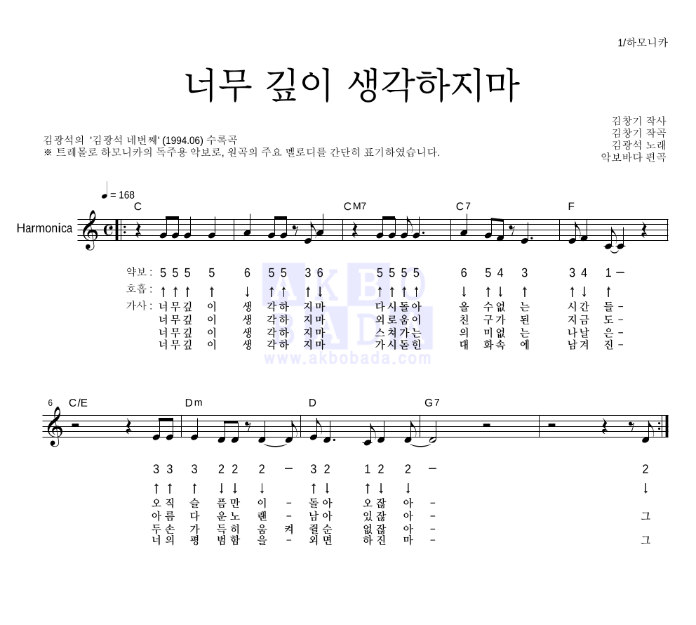 김광석 - 너무 깊이 생각하지마 하모니카 악보 