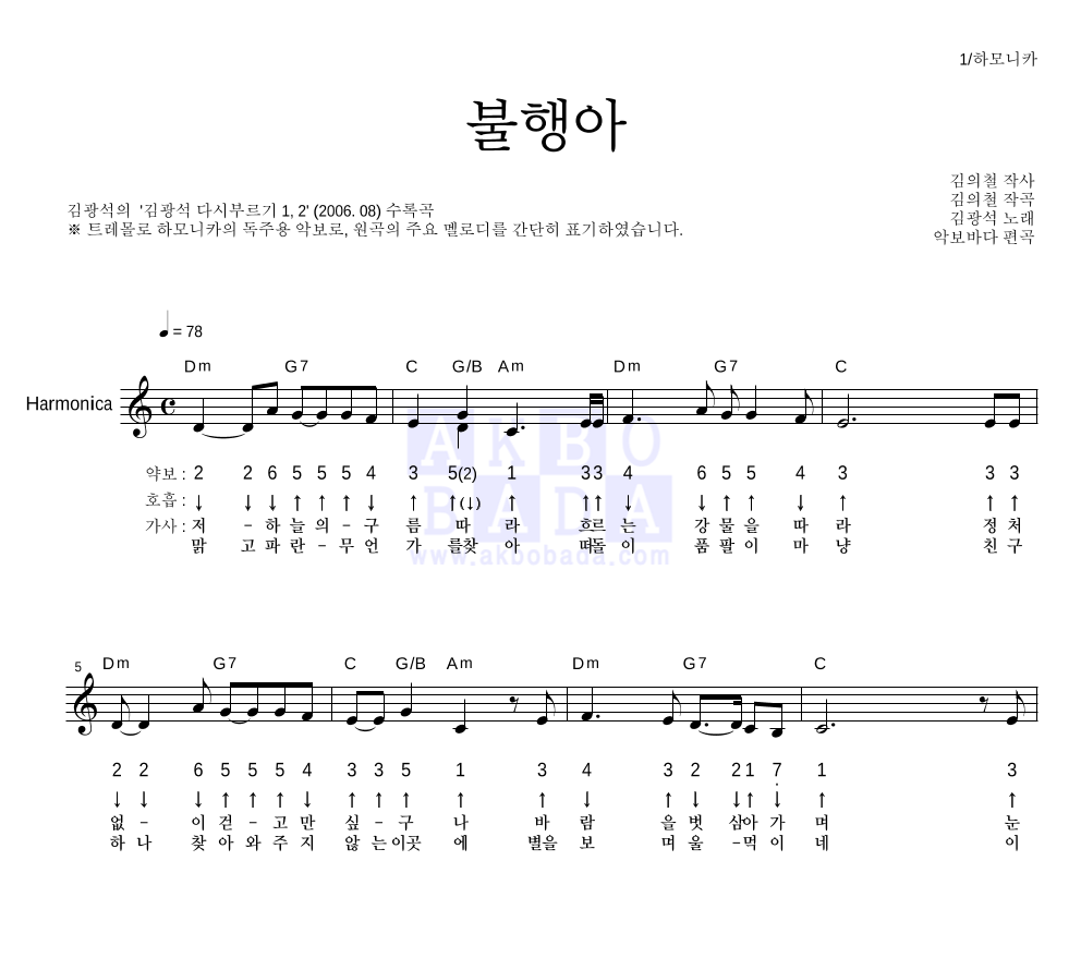 김광석 - 불행아 하모니카 악보 