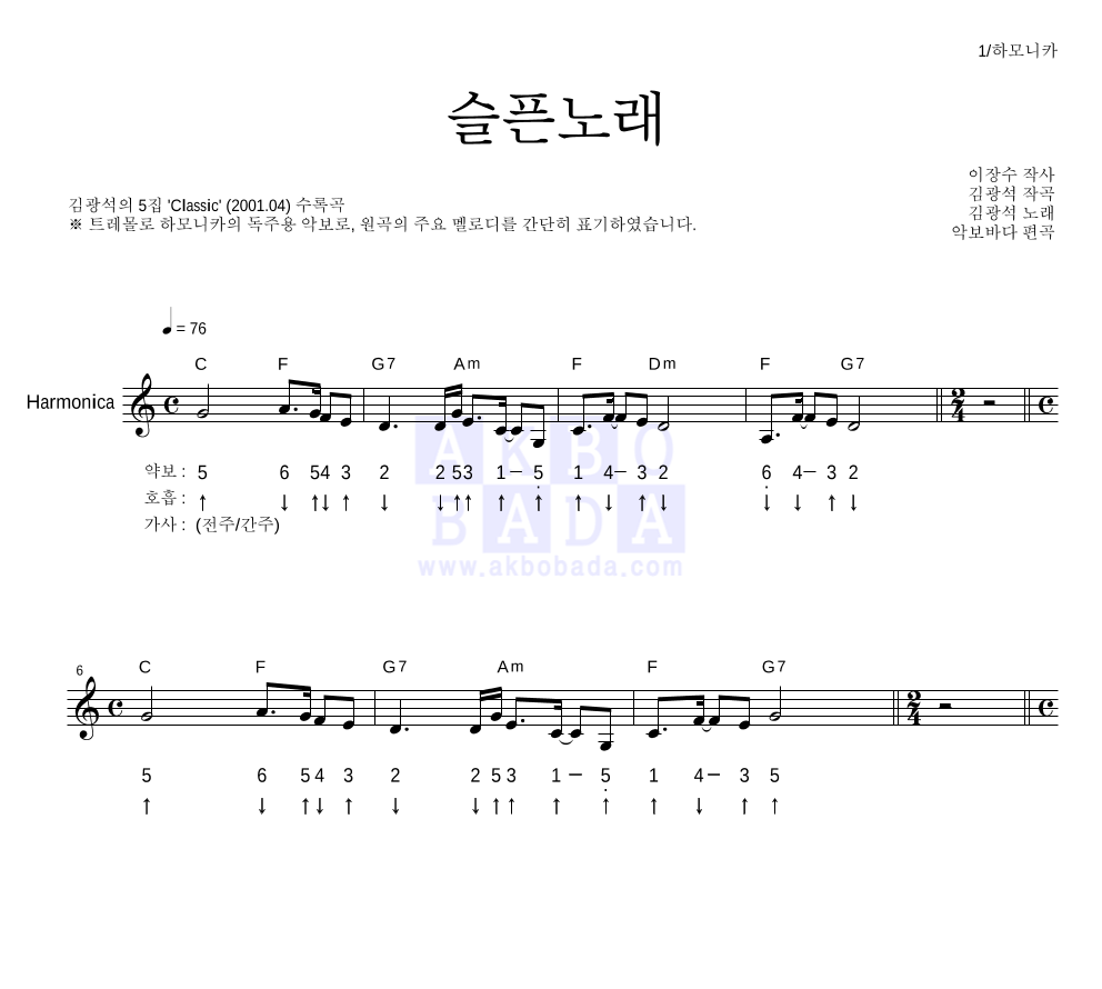 김광석 - 슬픈노래 하모니카 악보 