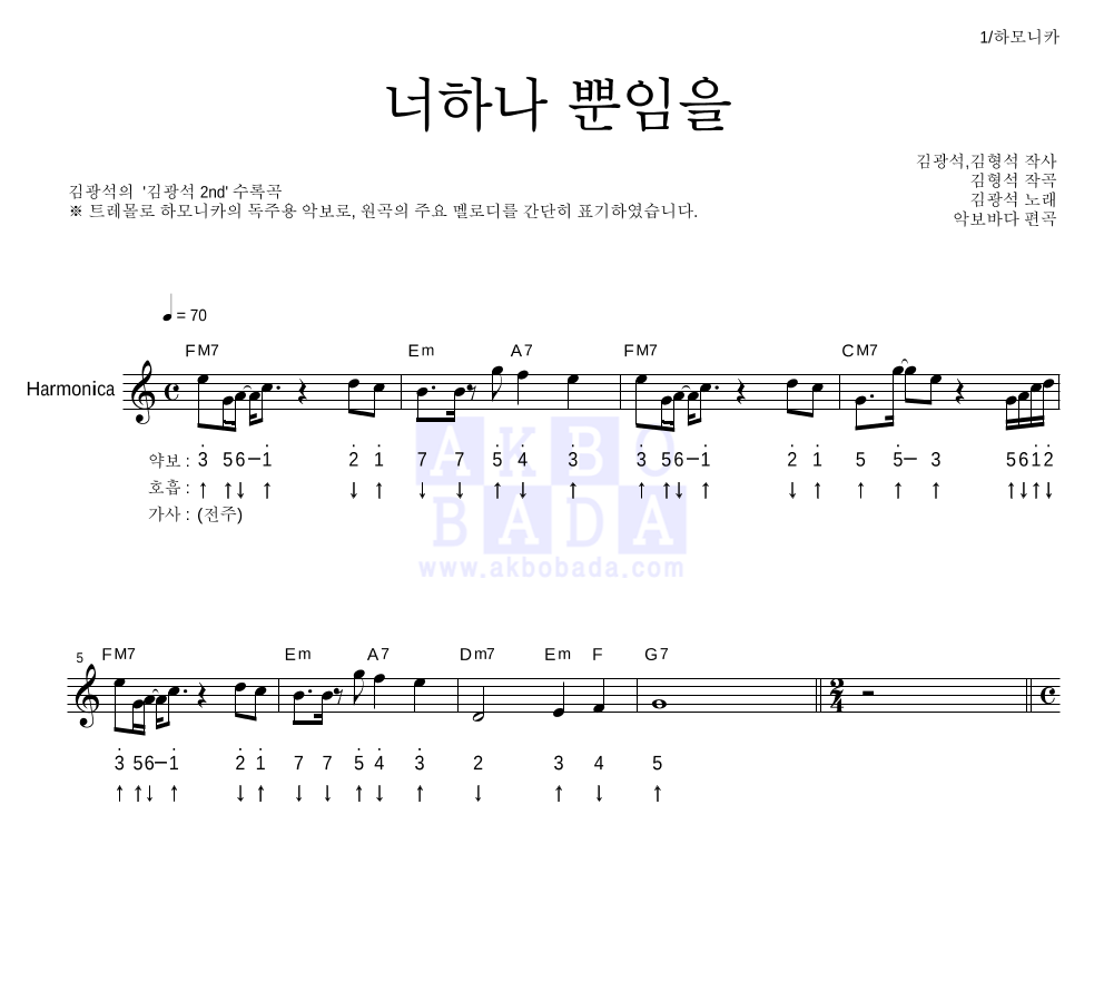 김광석 - 너하나 뿐임을 하모니카 악보 