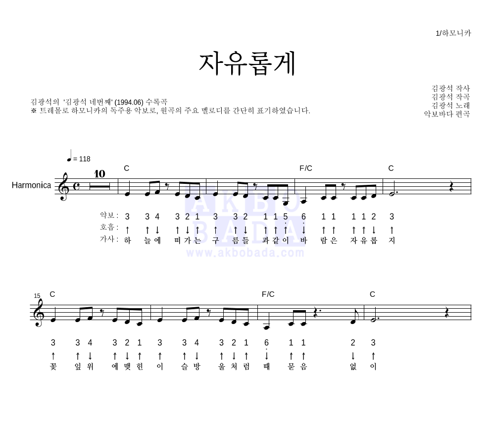 김광석 - 자유롭게 하모니카 악보 
