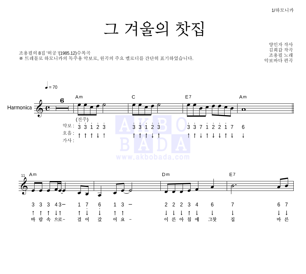 조용필 - 그 겨울의 찻집 하모니카 악보 