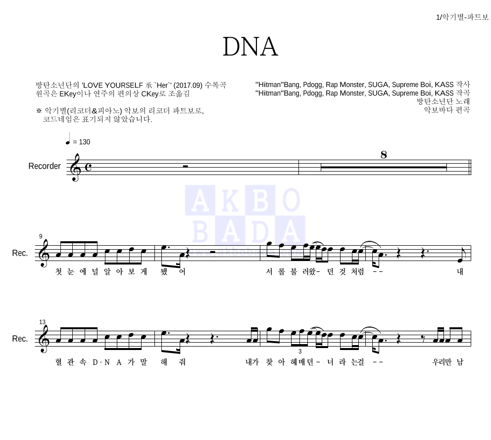 방탄소년단 - DNA 리코더 파트보 악보 