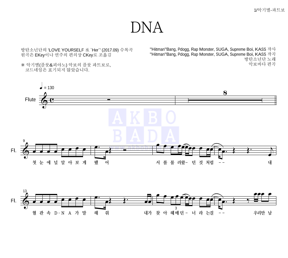 방탄소년단 - DNA 플룻 파트보 악보 