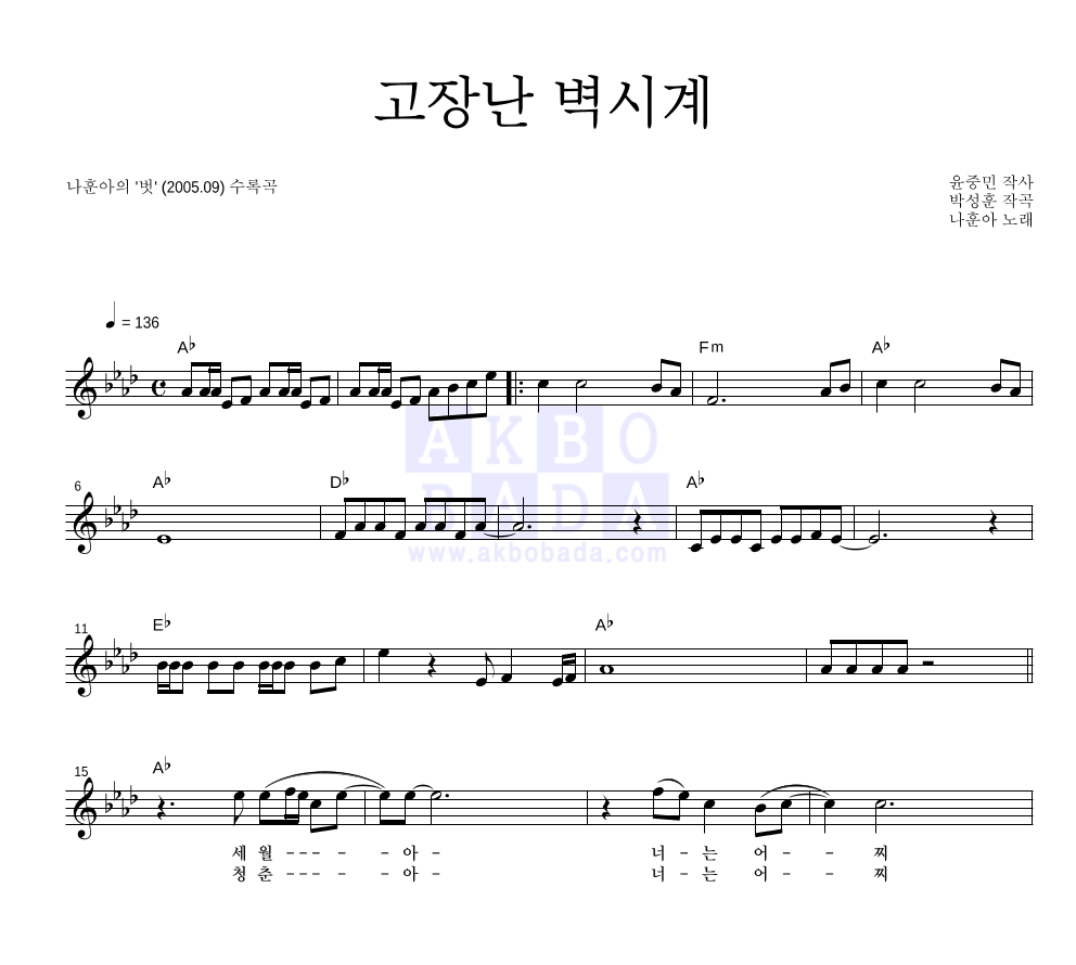 나훈아 - 고장난 벽시계 멜로디 악보 