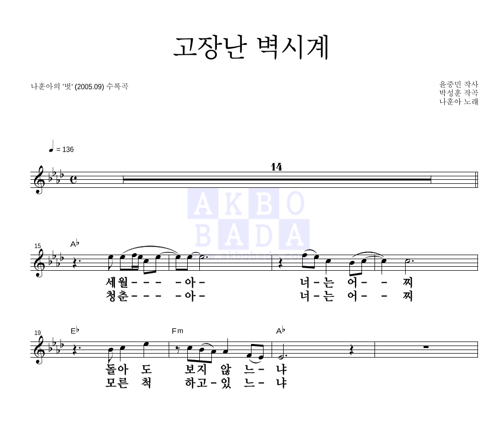 나훈아 - 고장난 벽시계 멜로디 큰가사 악보 