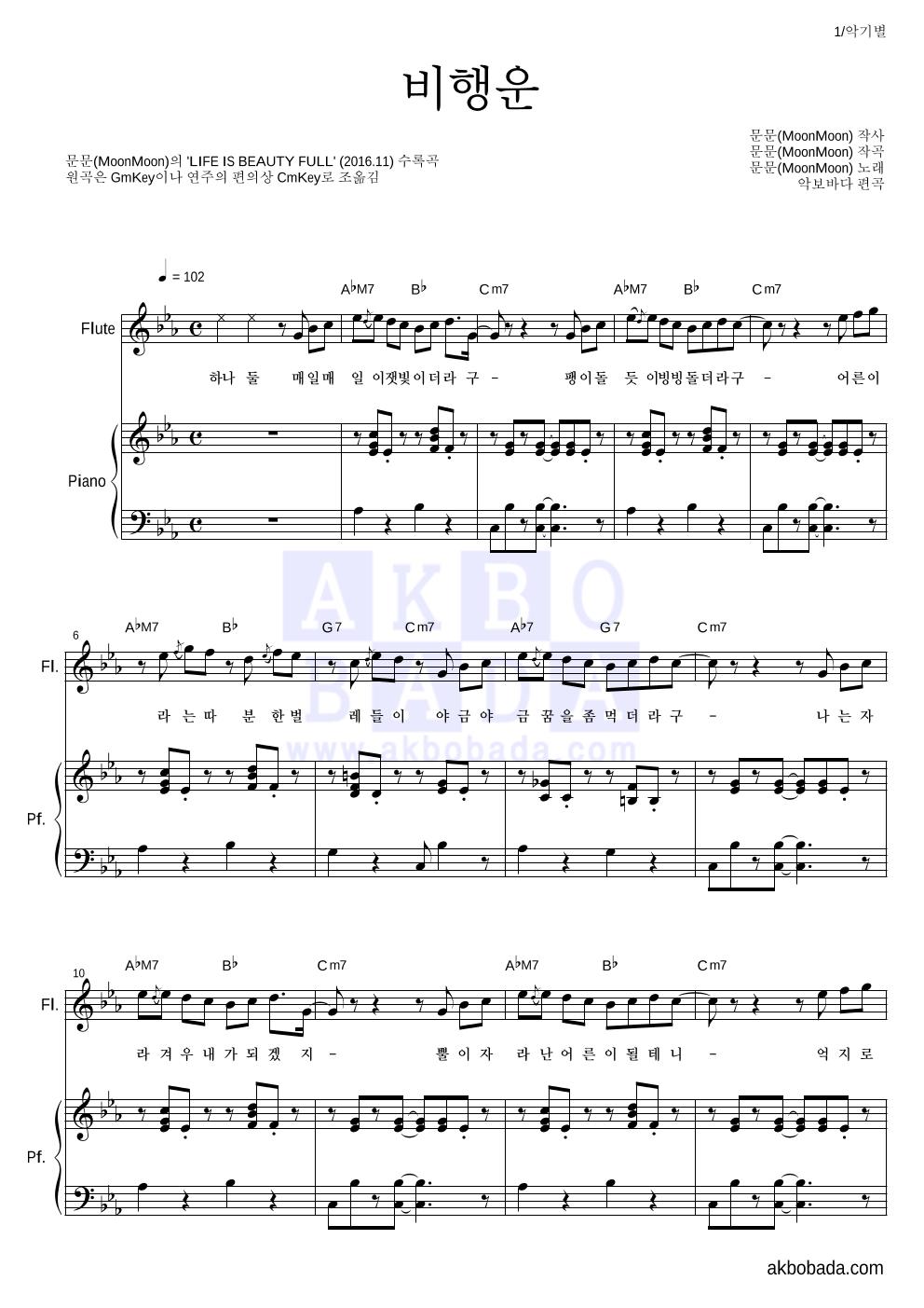 문문 - 비행운 플룻&피아노 악보 