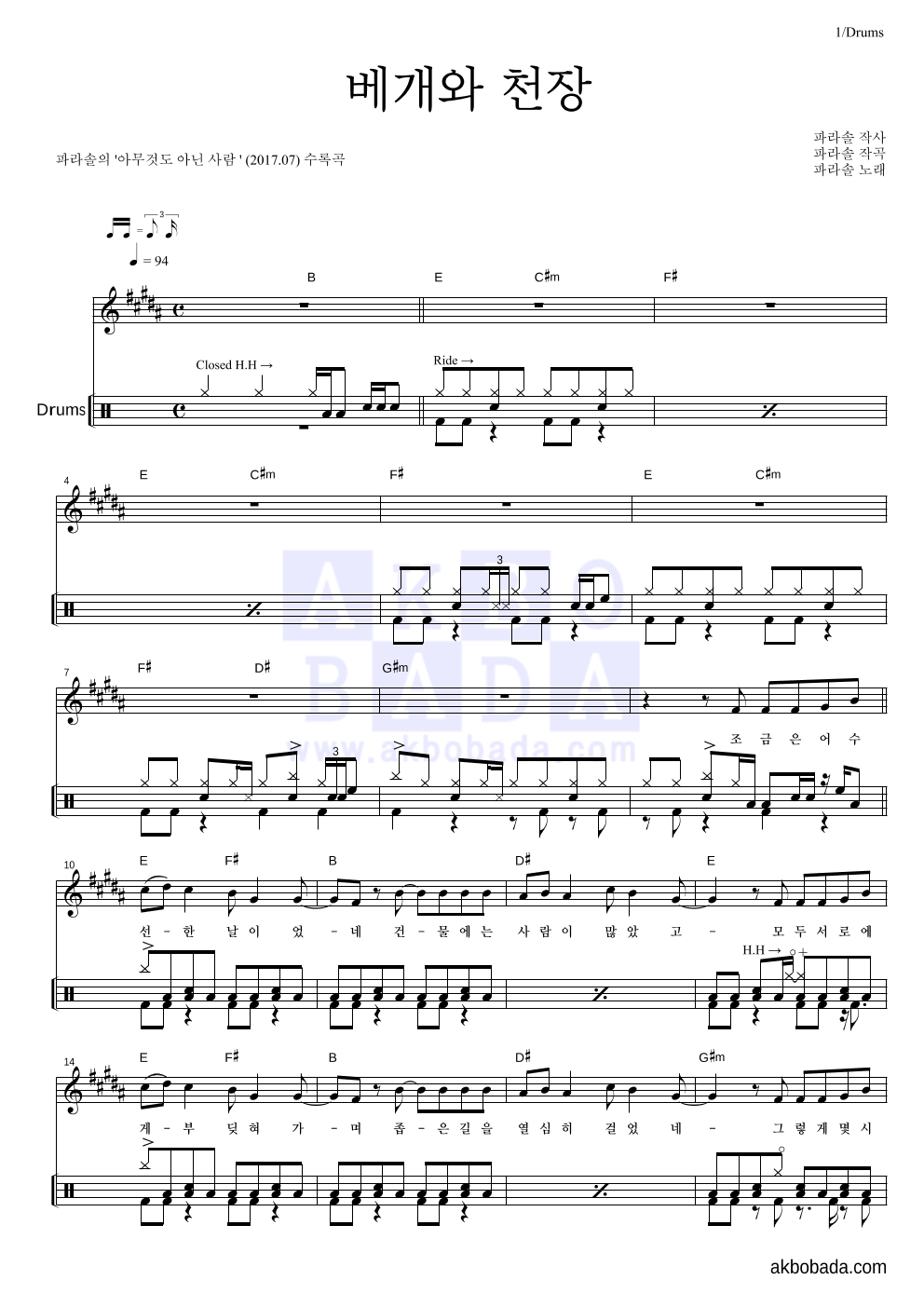 파라솔 - 베개와 천장 드럼 악보 