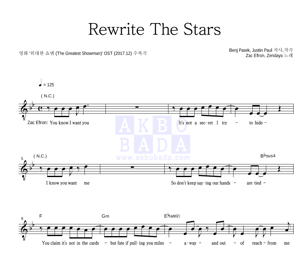 Zac Efron,Zendaya - Rewrite The Stars 멜로디 악보 