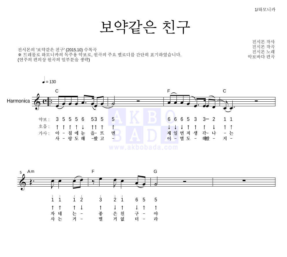 진시몬 - 보약같은 친구 하모니카 악보 