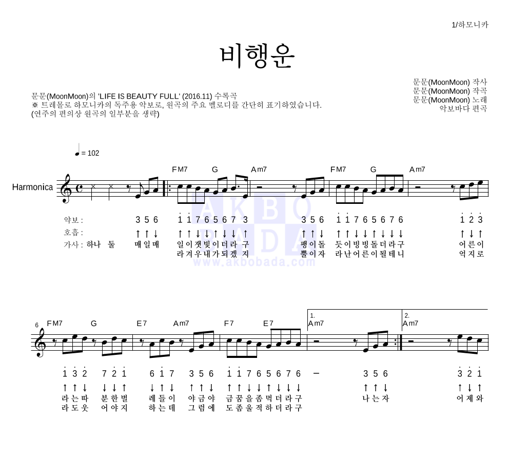 문문 - 비행운 하모니카 악보 