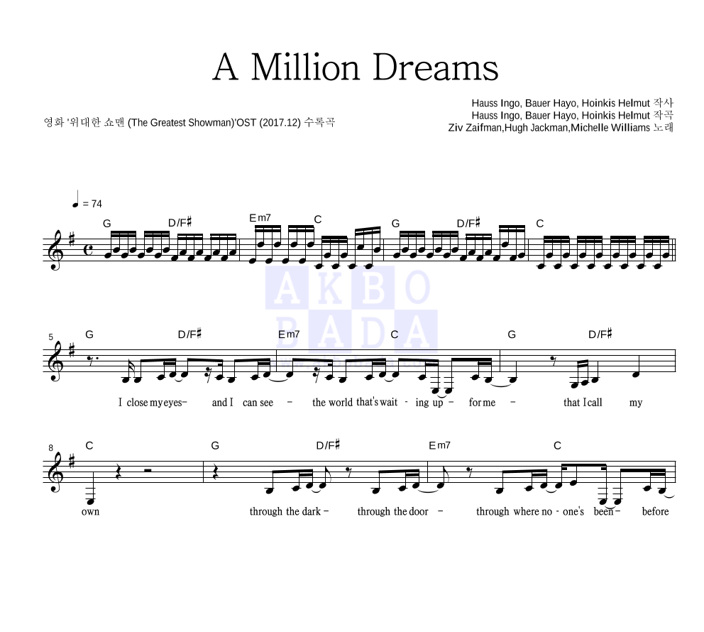 Ziv Zaifman,Hugh Jackman,Michelle Williams - A Million Dreams 멜로디 악보 