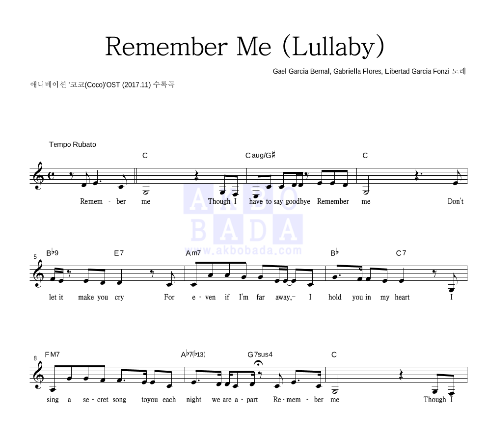 Gael Garcia Bernal,Gabriella Flores,Libertad Garcia Fonzi - Remember Me (Lullaby) 멜로디 악보 