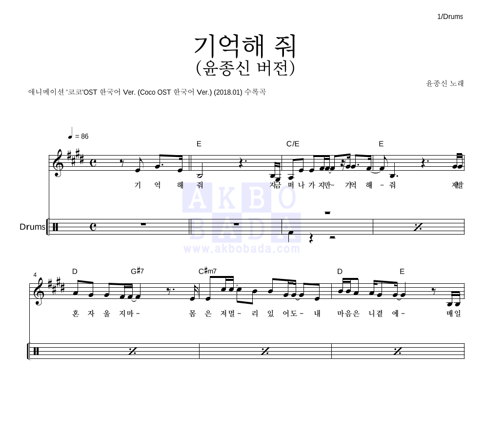 윤종신 - 기억해 줘 (윤종신 버전) 드럼 악보 
