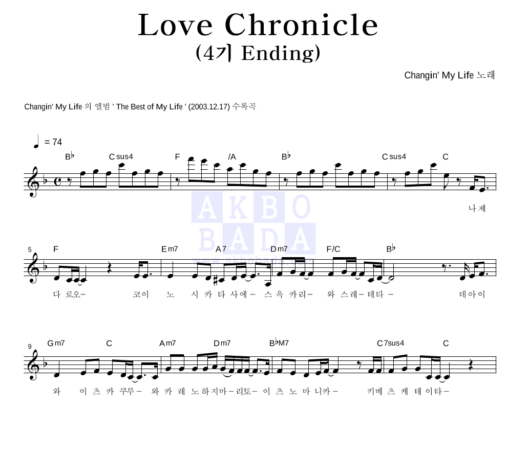 달빛천사 OST - Love Chronicle (4기 Ending) 멜로디 악보 