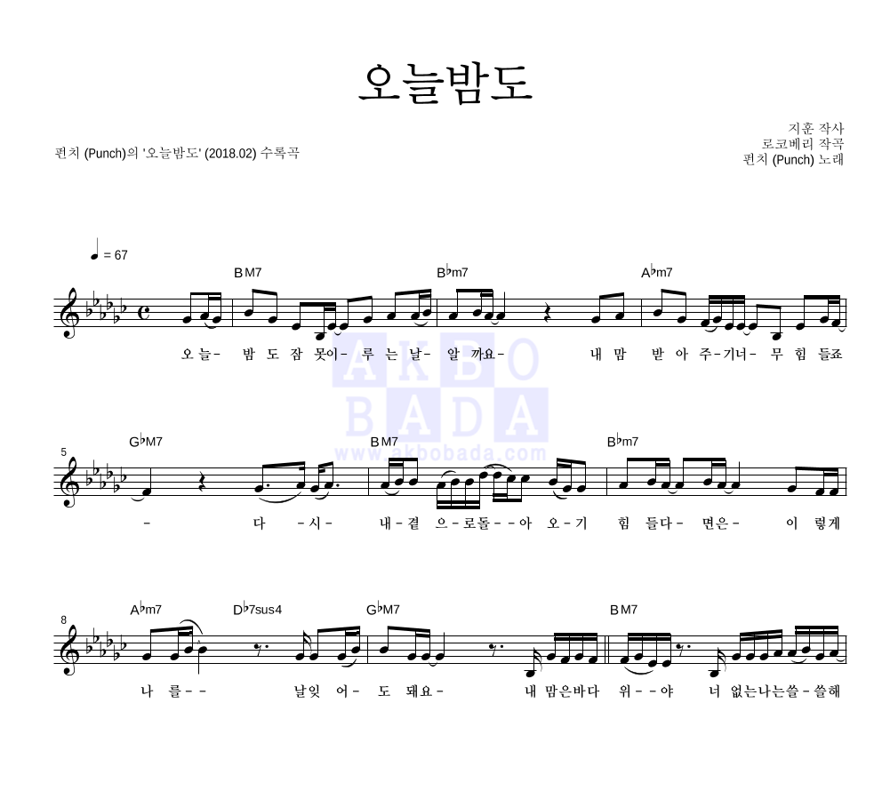 펀치 - 오늘밤도 멜로디 악보 