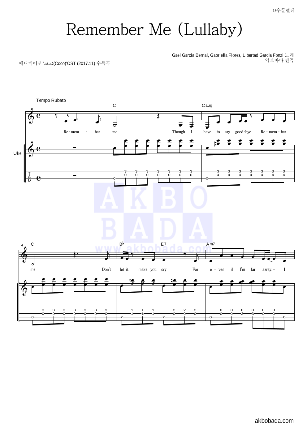 Gael Garcia Bernal,Gabriella Flores,Libertad Garcia Fonzi - Remember Me (Lullaby) 우쿨렐레 악보 