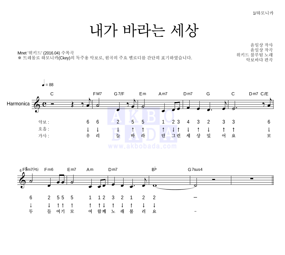 위키드 블루팀(최명빈,이하랑,홍의현,곽이안,박예음,최예나) - 내가 바라는 세상 하모니카 악보 