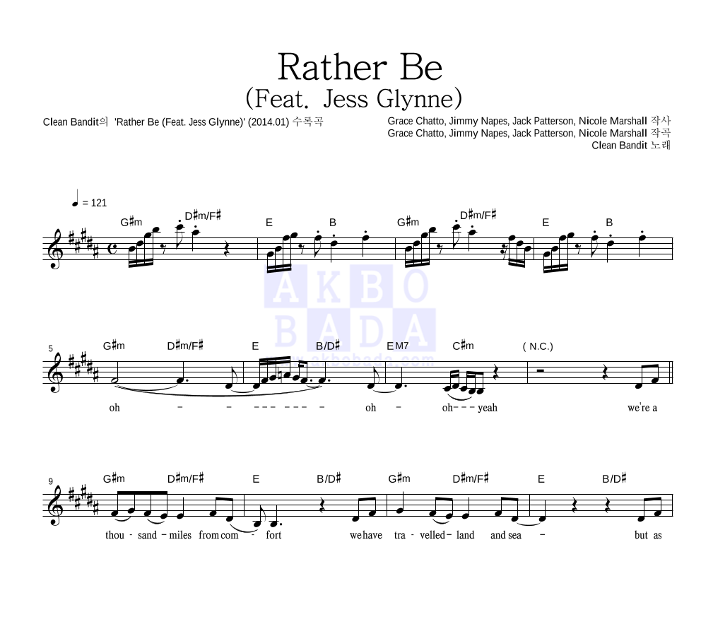 Clean Bandit - Rather Be (Feat. Jess Glynne) 멜로디 악보 