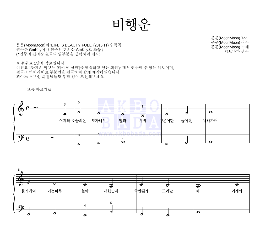 문문 - 비행운 피아노2단-쉬워요 악보 