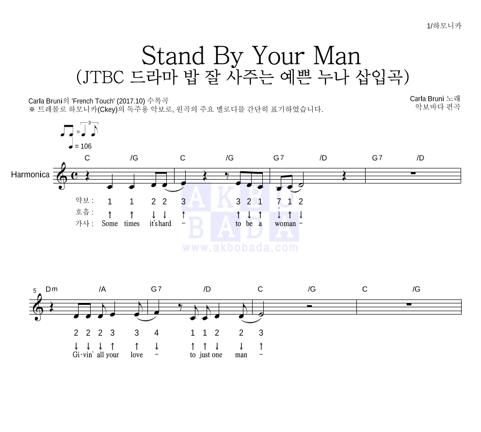 Carla Bruni - Stand By Your Man (JTBC 드라마 밥 잘 사주는 예쁜 누나 삽입곡) 하모니카 악보 