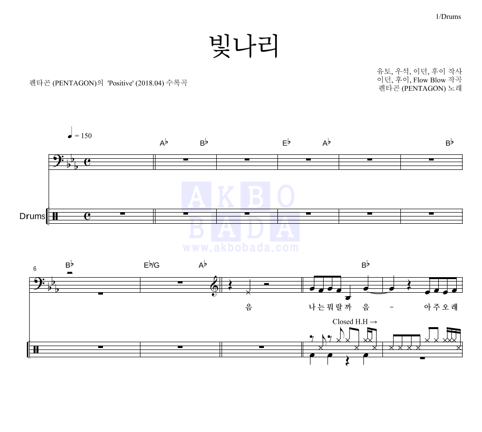 펜타곤 - 빛나리 드럼 악보 