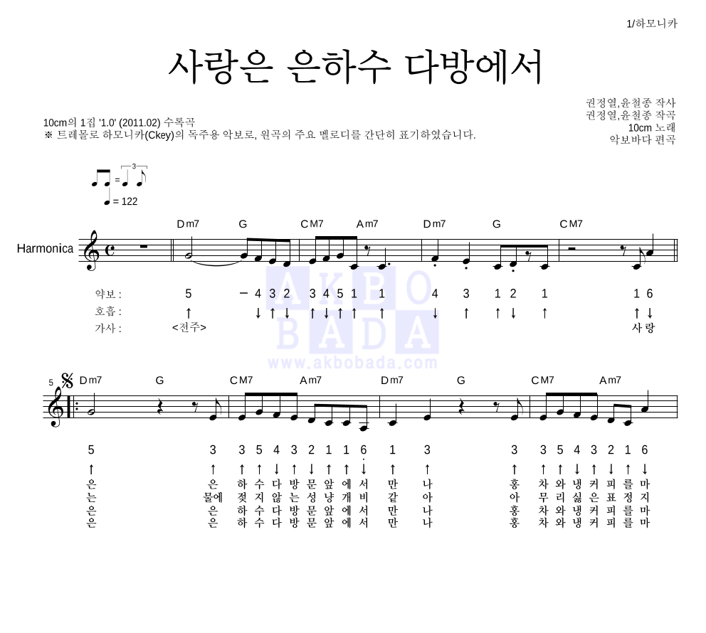 10CM - 사랑은 은하수 다방에서 하모니카 악보 