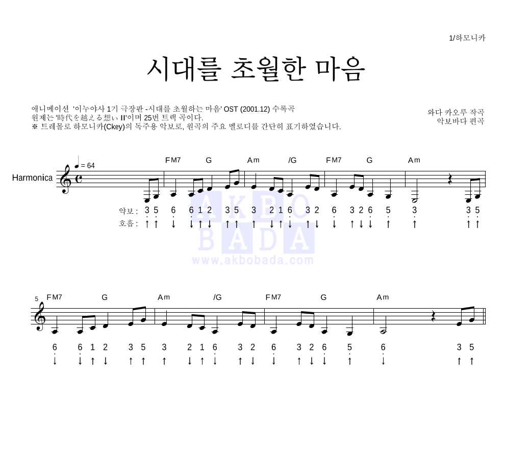 이누야사 OST - 시대를 초월한 마음 하모니카 악보 