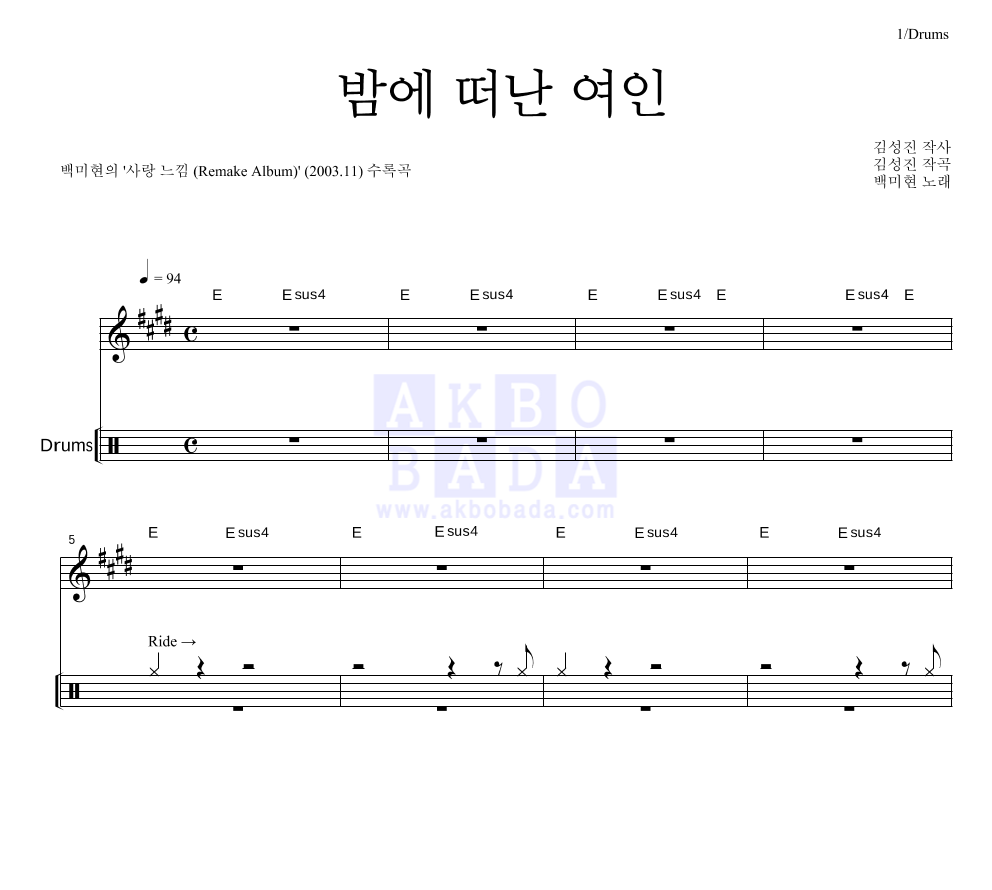 백미현 - 밤에 떠난 여인 드럼 악보 
