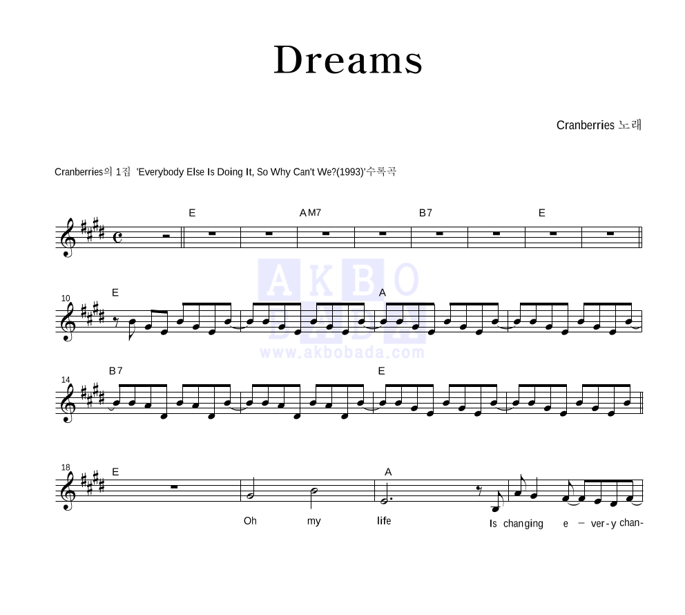Cranberries - Dreams 멜로디 악보 