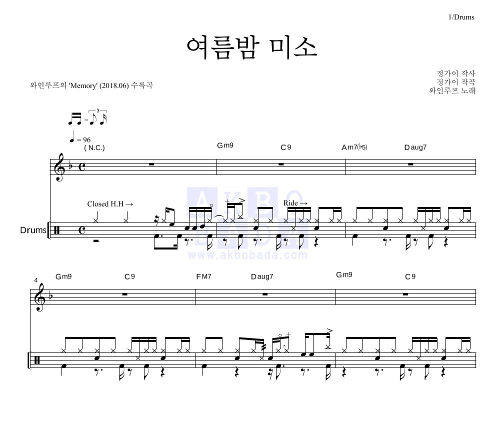 와인루프 - 여름밤 미소 드럼 악보 