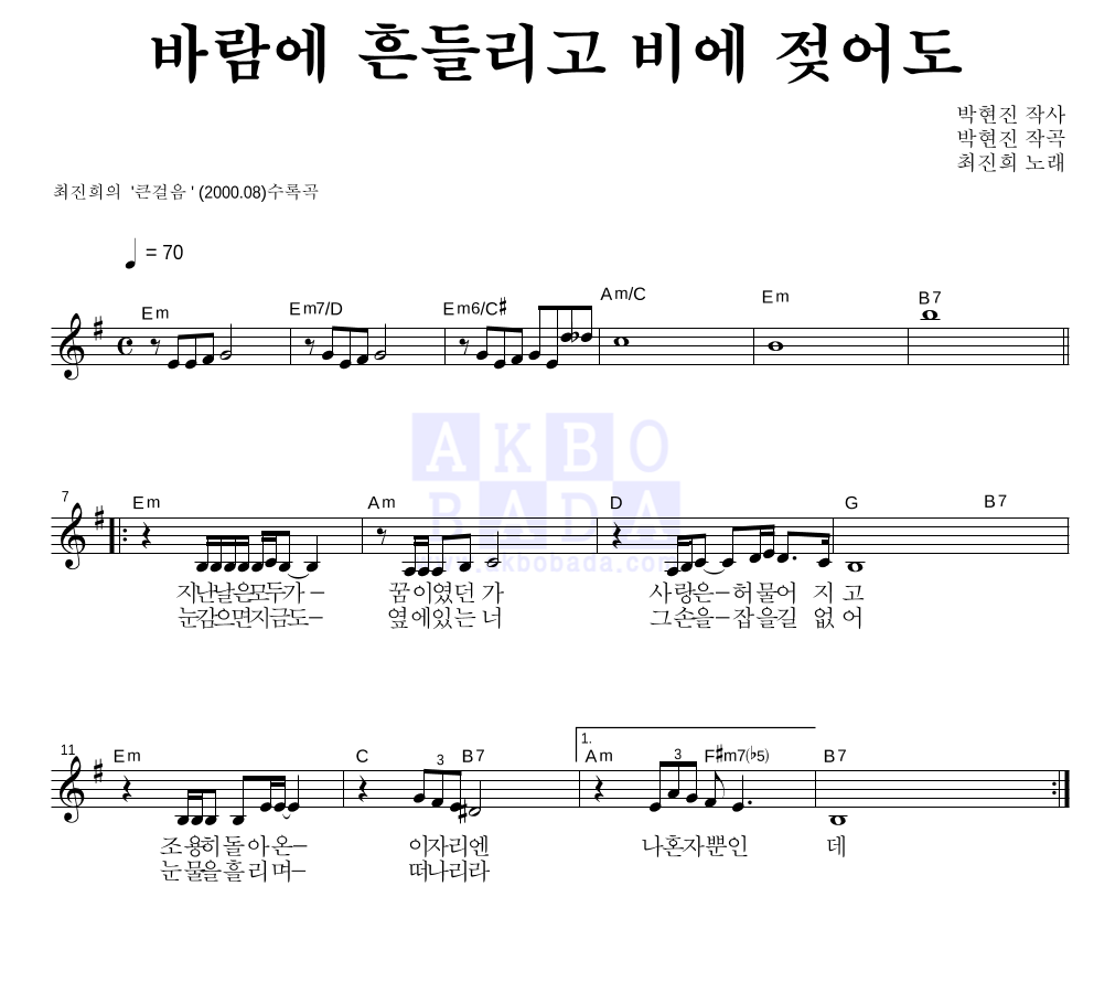최진희 - 바람에 흔들리고 비에 젖어도 멜로디 악보 