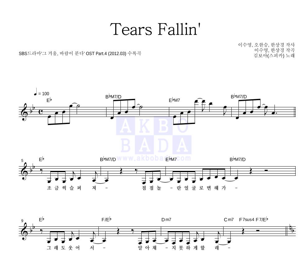 김보아 - Tears Fallin' 멜로디 악보 