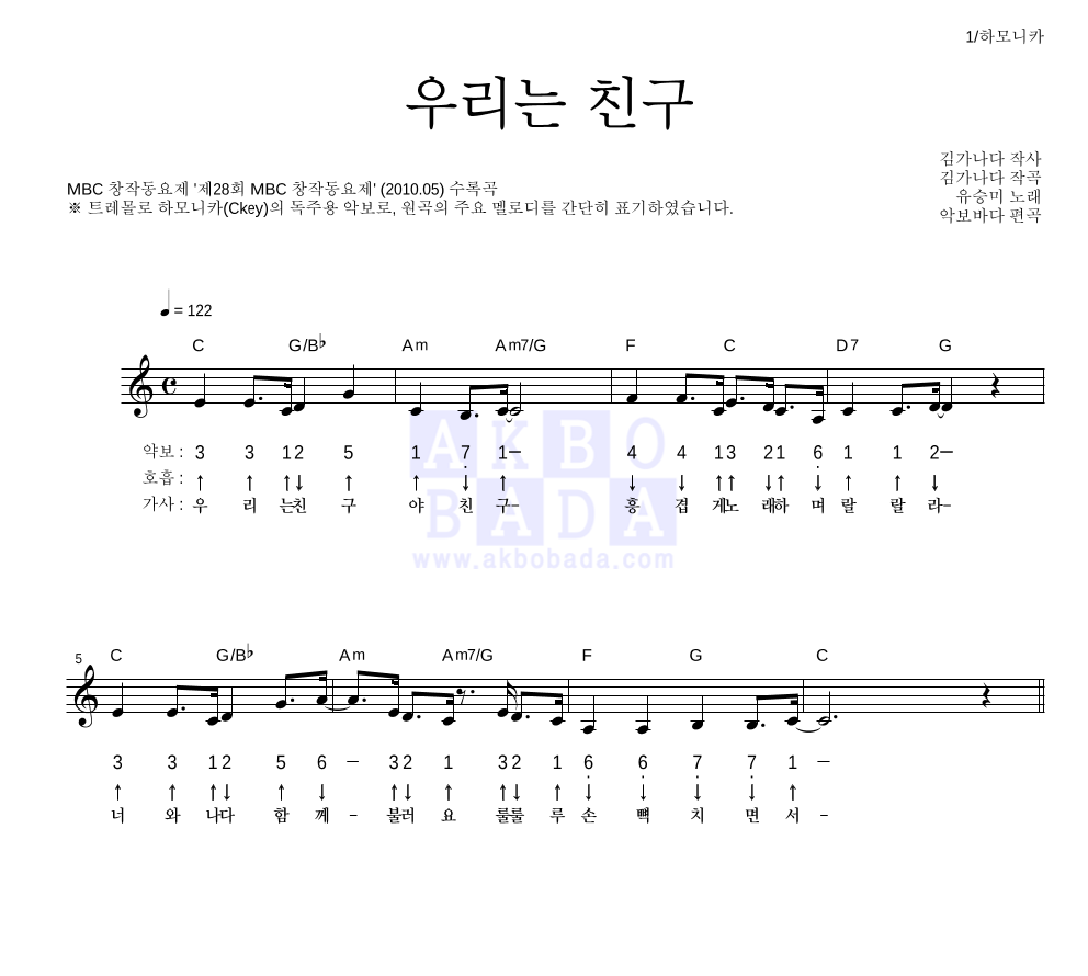 동요 - 우리는 친구 하모니카 악보 
