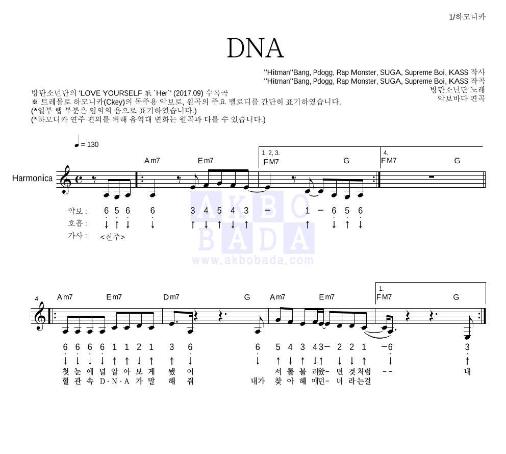 방탄소년단 - DNA 하모니카 악보 