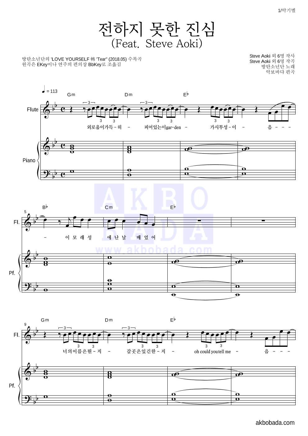 방탄소년단 - 전하지 못한 진심 (Feat. Steve Aoki) 플룻&피아노 악보 