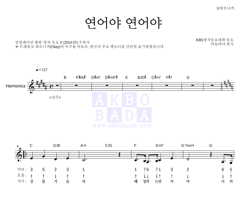 동요대회 - 연어야 연어야 (KBS창작동요대회) 하모니카 악보 