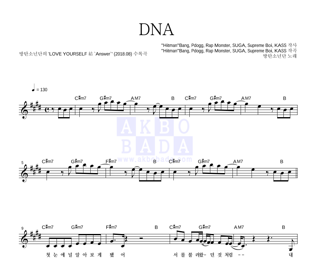 방탄소년단 - DNA 멜로디 악보 