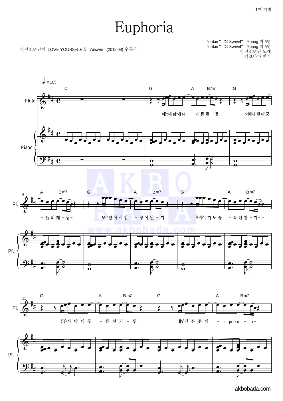 방탄소년단 - Euphoria 플룻&피아노 악보 