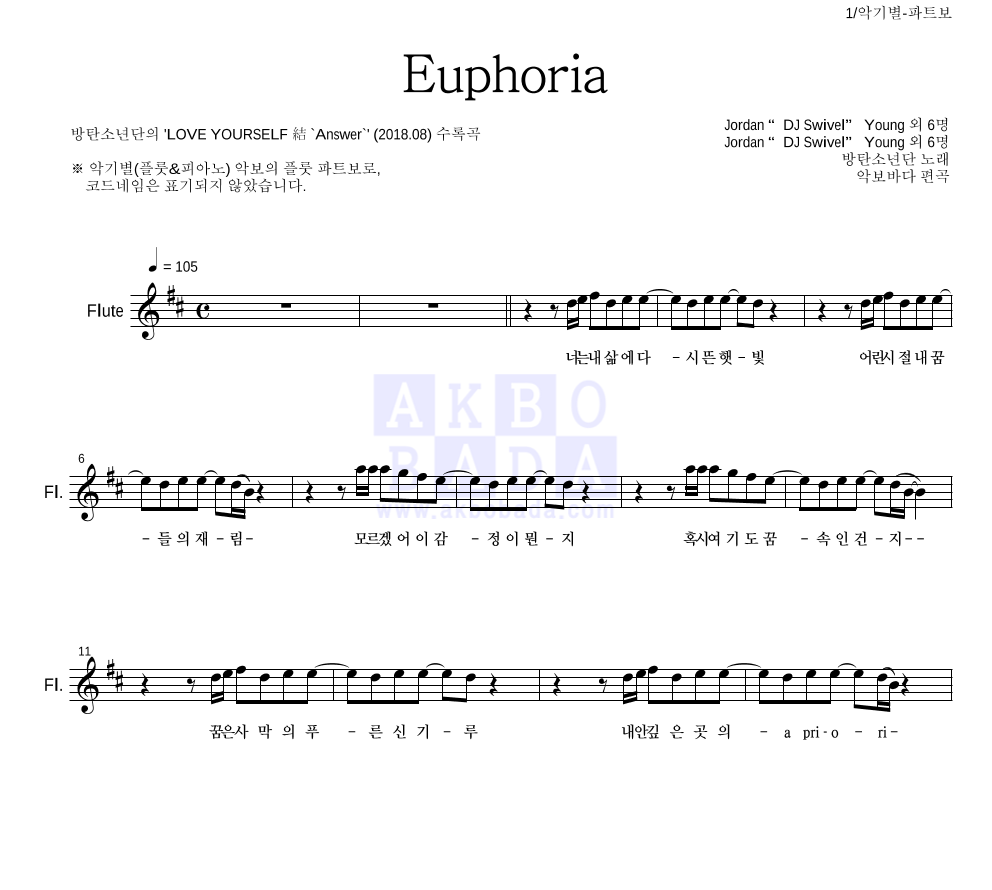 방탄소년단 - Euphoria 플룻 파트보 악보 
