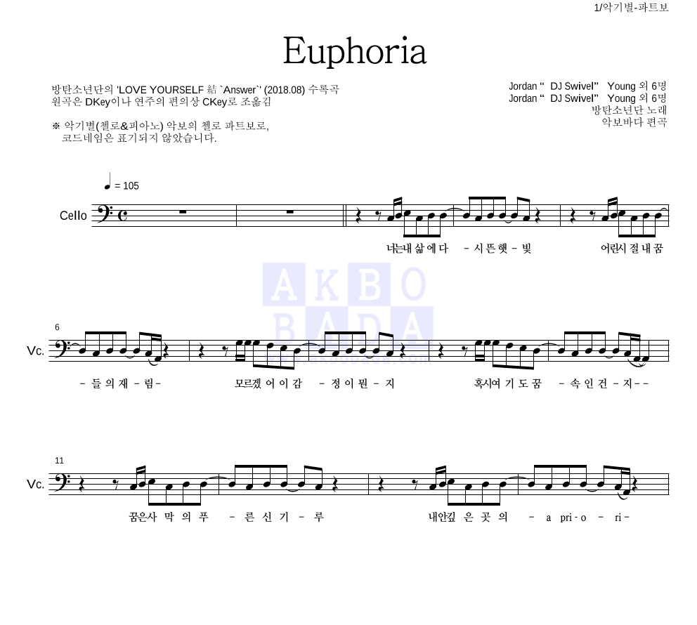 방탄소년단 - Euphoria 첼로 파트보 악보 