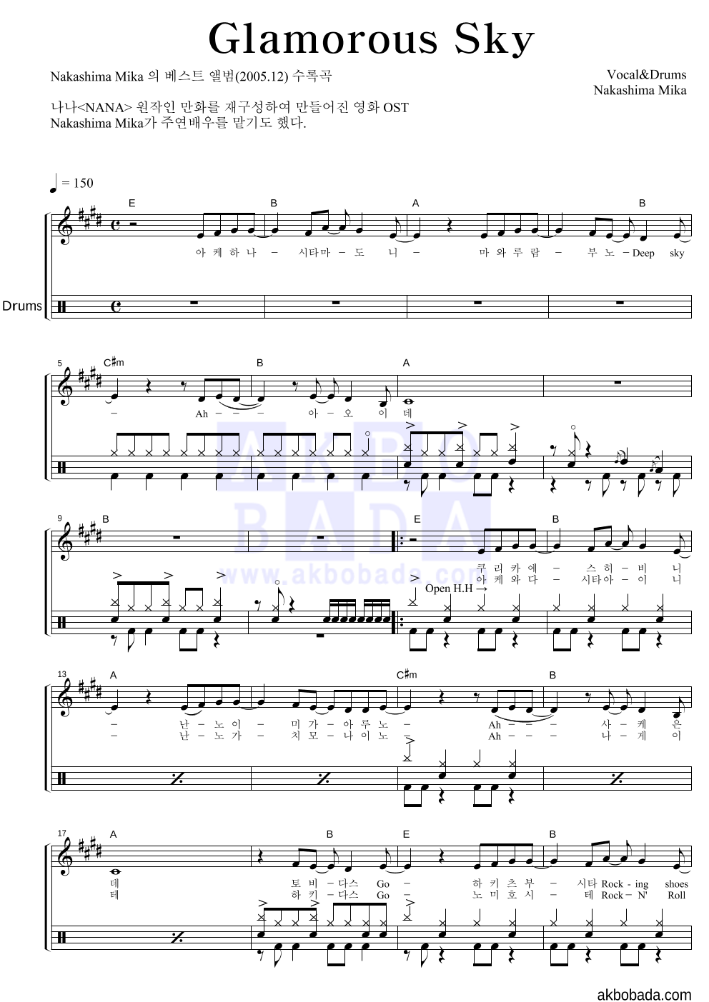 Nakashima Mika - Glamorous Sky 드럼 악보 
