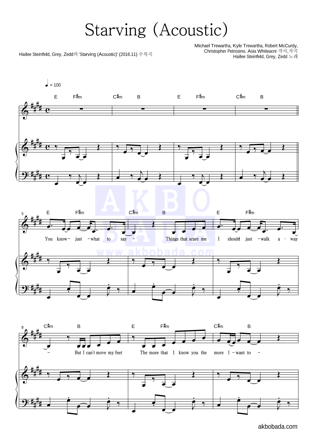 Hailee Steinfeld,Grey,Zedd - Starving (Acoustic) 피아노 3단 악보 