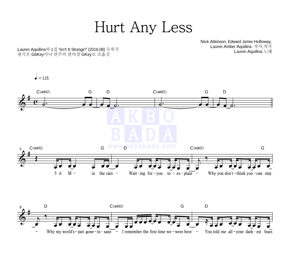 Lauren Aquilina - Hurt Any Less 멜로디 악보 