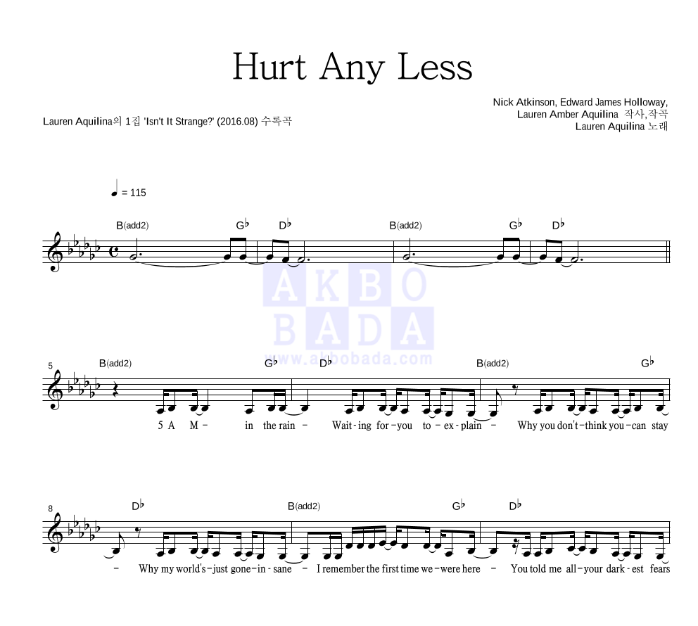 Lauren Aquilina - Hurt Any Less 멜로디 악보 