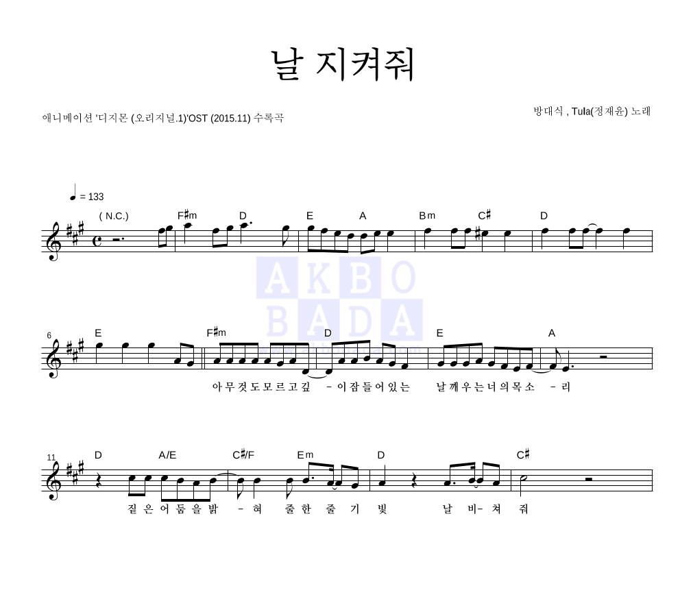 디지몬 어드벤처 OST - 날 지켜줘 멜로디 악보 