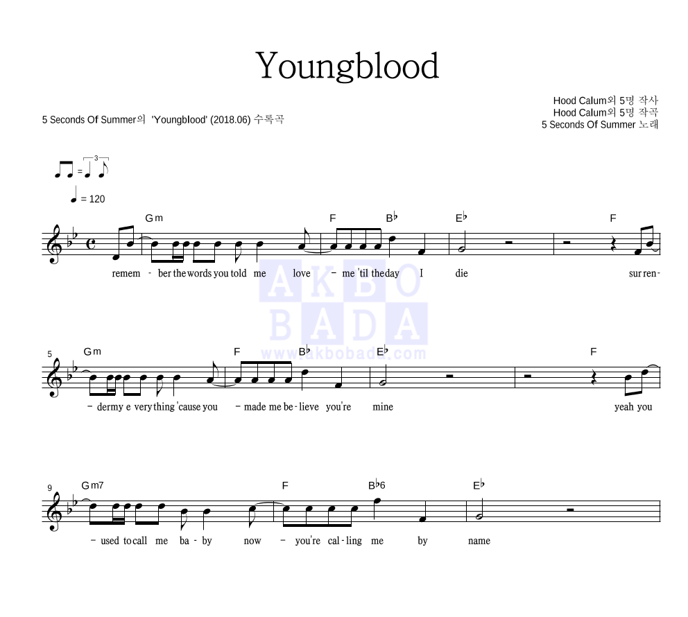 5 Seconds Of Summer - Youngblood 멜로디 악보 