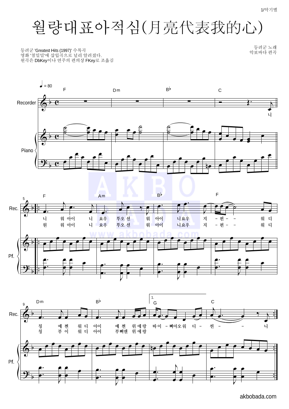 등려군(鄧麗筠) - 월량대표아적심 (月亮代表我的心) 리코더&피아노 악보 