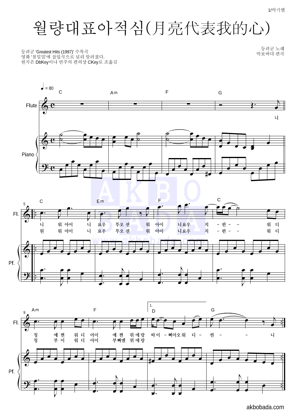 등려군(鄧麗筠) - 월량대표아적심 (月亮代表我的心) 플룻&피아노 악보 