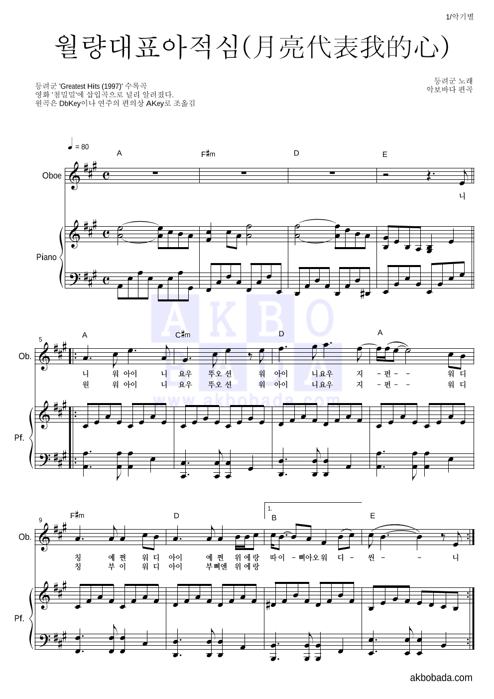등려군(鄧麗筠) - 월량대표아적심 (月亮代表我的心) 오보에&피아노 악보 